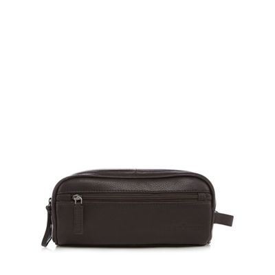 Designer dark brown leather double zip wash bag